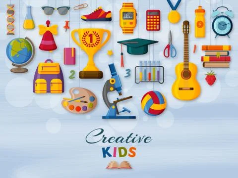 Creative kids background with 3d paper cut signs. Children creativity concept Stock Illustration