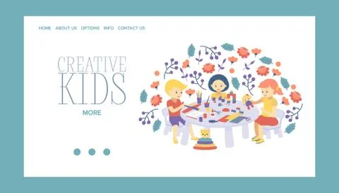 Creative kids banner vector illustration. Girls and boys drawing, painting Stock Illustration