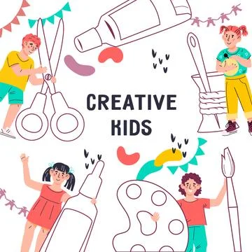 Creative kids classes and craft lessons banner mockup, flat vector illustra.. Stock Illustration