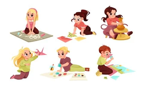 Creative Kids Engaged in Enjoying Fun Arts and Crafts Activities That Inspire Stock Illustration
