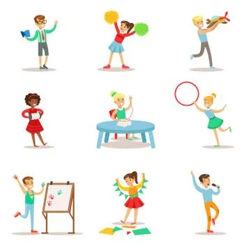 Creative Kids Practicing Different Arts And Crafts In Art Class And By Stockillustratie