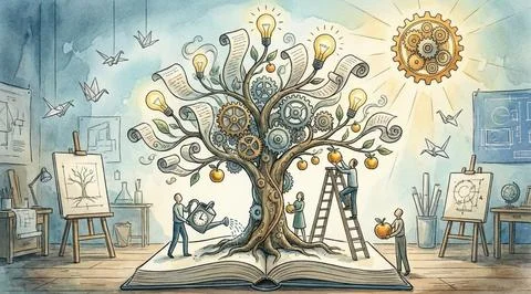 Creative knowledge tree with gears lightbulbs and people in an art studio Illustrazione stock