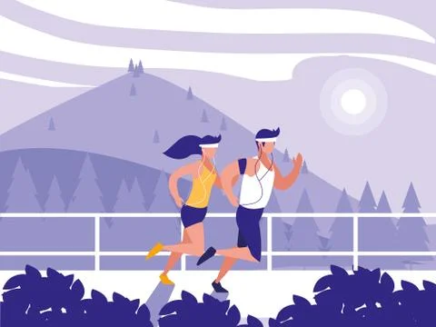 Creative landscape with couple running Illustrazione stock