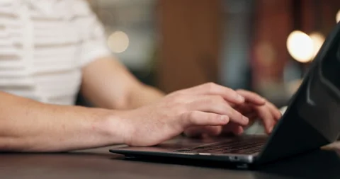 Creative, laptop and hands in office with typing, SEO research and pitch draft Stock Footage 340619665