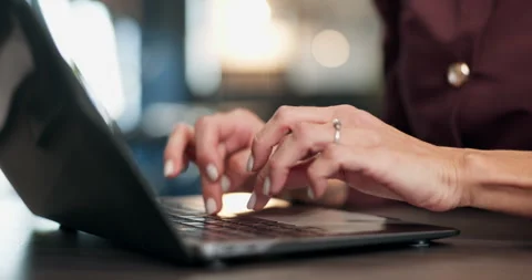 Creative, laptop or hands in agency with keyboard, SEO research or pitch draft Stock Footage 340607298