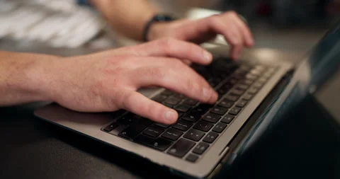 Creative, laptop or hands in office with keyboard, SEO research or pitch draft Stock Footage 340605771