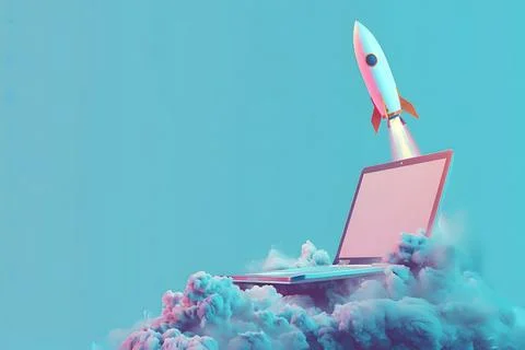 Creative launch concept with rocket and laptop Stock Photos