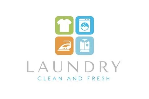 Creative laundry logo design template. Washing machine, clothes, iron, and .. Stock Illustration