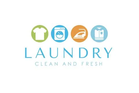 Creative laundry logo design template. Washing machine, clothes, iron, and .. Stock Illustration