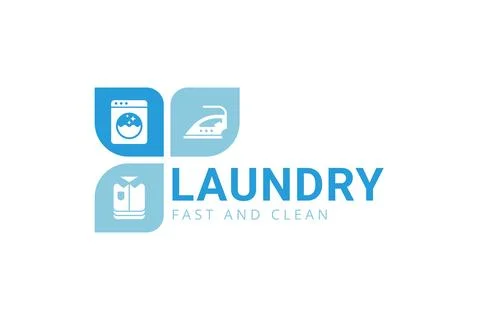 Creative laundry service logo template. Washing machine, iron, and folded c.. Stock Illustration
