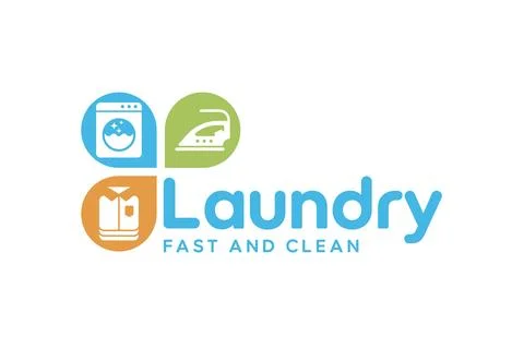 Creative laundry service logo template. Washing machine, iron, and folded c.. Stock Illustration