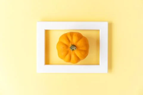 Creative layout of autumn pumpkin with yellow background in the frame Foto stock
