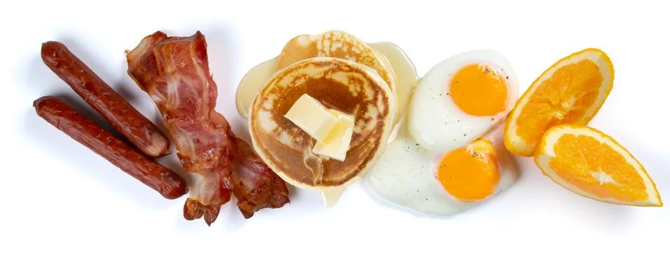 Creative layout - breakfast essentials on white background Stock Photos