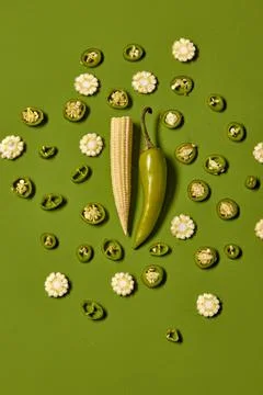 Creative layout of chili pepper and mini corn on green background. Minimal food Stock Photos