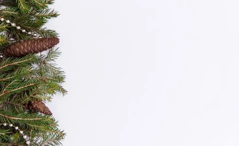 Creative layout of Christmas tree branches with cones, space for text. Concep Foto stock