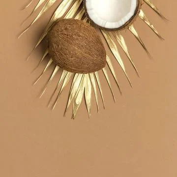 Creative layout with coconuts. Whole and half coconut, golden palm leaf Stock Photos