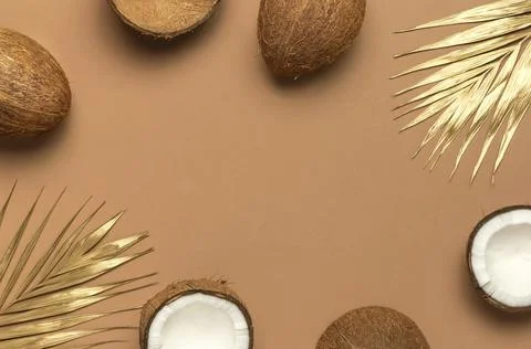 Creative layout with coconuts. Whole and half coconut, golden palm leaf Stock Photos