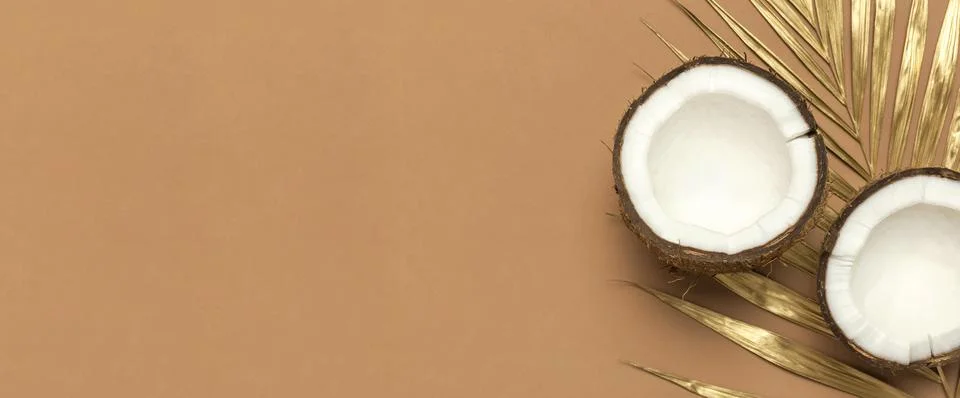 Creative layout with coconuts. Whole and half coconut, golden palm leaf Stock Photos