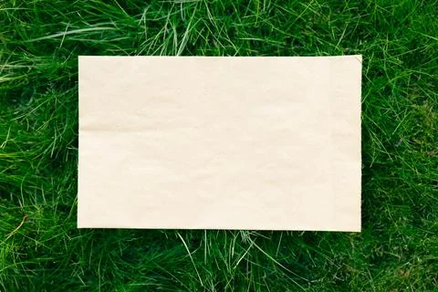 Creative layout composition frame made of green lawn grass with a craft paper Stock Photos