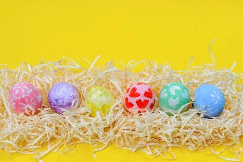 Creative layout. Easter paint colorful eggs various pattern handmade Stock Photos