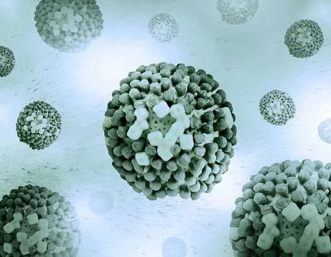  Creative layout featuring colorized 3D renditions of influenza virus orig... Stock Photos