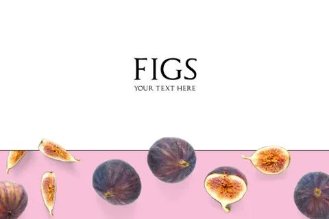 Creative layout of Fresh ripe figs. Food Photo. Figs on a white background with Foto stock