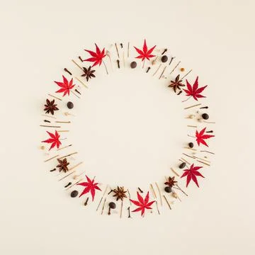Creative layout with leaves and branches laid in a circle on a cream background Stock Photos
