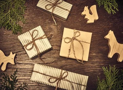 Creative layout made of Christmas tree branches with gifts. Flat lay. Nature New Stock Photos