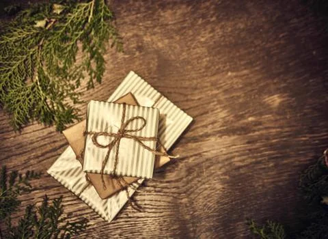 Creative layout made of Christmas tree branches with gifts. Flat lay. Nature New Stock Photos