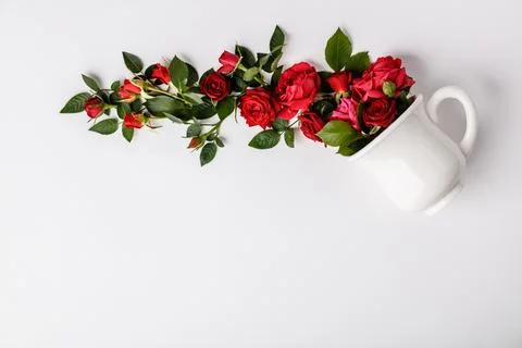 Creative layout made of coffee or tea cup with red roses on white background Stock Photos