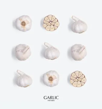 Creative layout made of garlic. Flat lay with copy space. Fresh food concept. Photos