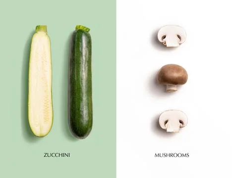 Creative layout made of green zucchini and mushrooms. Flat lay with copy spac Stock Photos