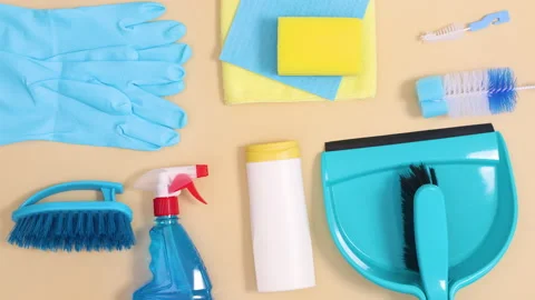 Creative layout made of house cleaning tools move . Stop motion Stock-Footage 151491554