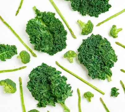Creative layout made of kale, broccoli, asparagus. Flat lay. Healthy food Stock Photos