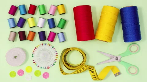 Creative layout made of moving sewing and knitting items. Stop motion Stock Footage 154972490