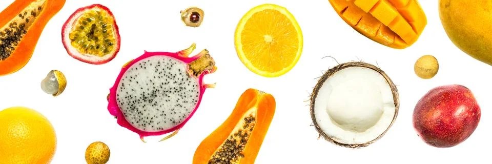 Creative layout made of passion fruit, pitahaya, mango, orange, papaya, coc.. Stock Photos