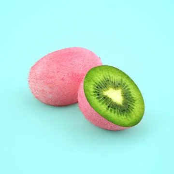 Creative layout made of pink kiwi on blue background. Stock Photos