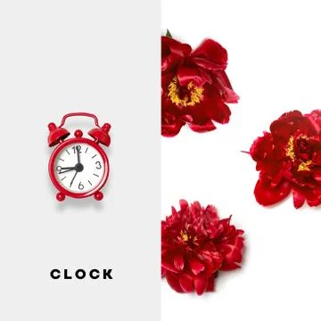 Creative layout made of red alarm clock and red flowers of peonies on a white Stock Photos