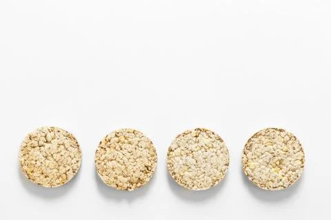 Creative layout made of rice cakes on the white background. Stock Photos