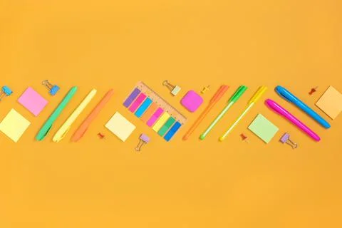 Creative layout made of stationery set. Flat lay. Stock Photos