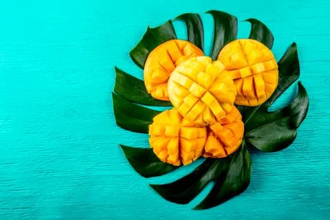 Creative layout made of summer tropical fruits mango and tropical leaves on Stock Photos