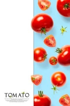 Creative layout made of tomato on the blue background. Creative flat lay set  Stock Photos