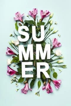 Creative layout from Paper word Summer, green leaves and flower buds on pastel Stock Photos