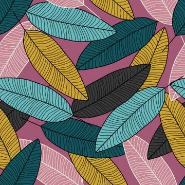 Creative leaf wallpaper. Modern leaves seamless pattern on pink background. Stock Illustration