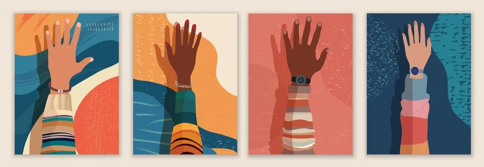 Creative leaflet -poster design with raised hands of multicultural volunteers Stock Illustration