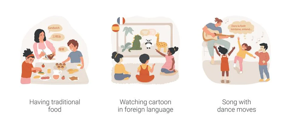 Creative learning of foreign language isolated cartoon vector illustration set. Stock Illustration