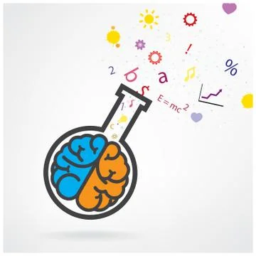 Creative left and right brain sign with the test tube on grey background,educ Stock Illustration