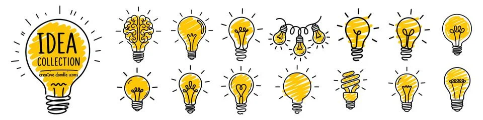 Creative light bulb doodle icon collection in hand drawn vector style Illustrazione stock