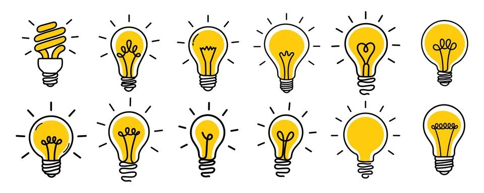 Creative light bulb doodle icon collection in hand drawn vector style Illustrazione stock