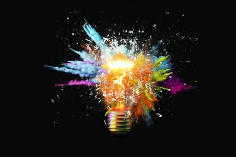 Creative light bulb explodes with colorful paint splashes and shards of gla.. Stock Photos